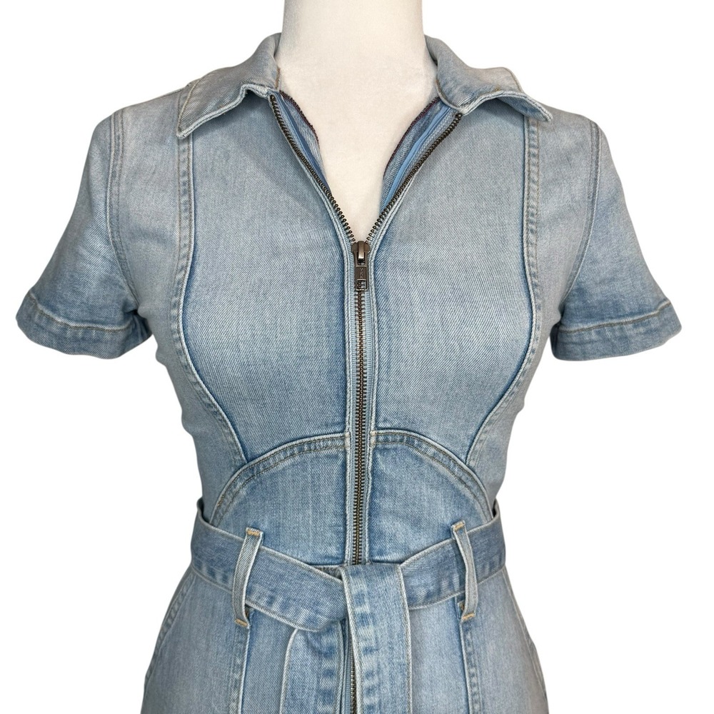 Alice + Olivia Jeans Blue Denim Mini Dress Size 2 Zipper Front Pockets Belted - Picture 3 of 14